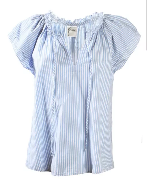 Finley Cassie Ruffle Sleeve Top Washed Baby Blue Stripe Size S BNWT