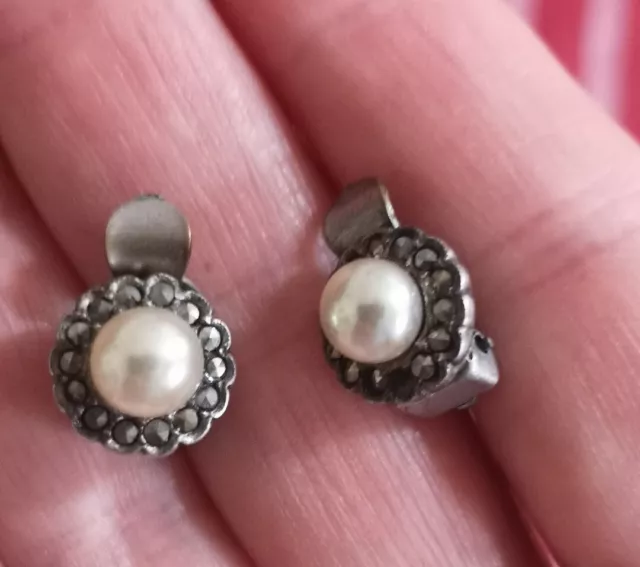 Vintage Silver Clip On Earrings Faux Pearl & Marcasite Marked 1940s? Design 3