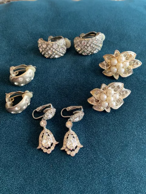 Job Lot 4 Pairs Clip On Sparkly Earrings Some Stones Missing Still Gorgeous!!