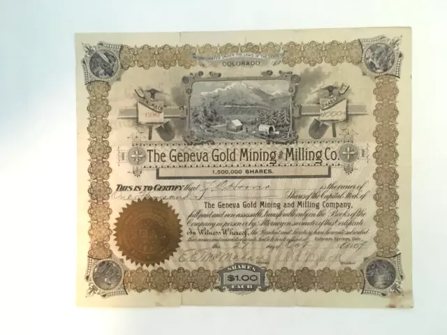 Colorado Cripple Creek  Geneva   Gold Silver Mining Stock Certificate 1899