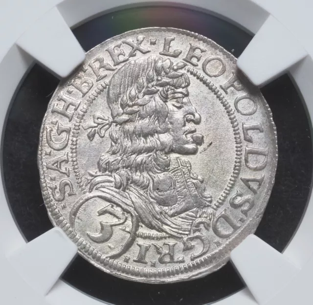 1670/1, Austria, Leopold I. Silver 3 Kreuzer Coin. Vienna. Overdate? NGC MS64!