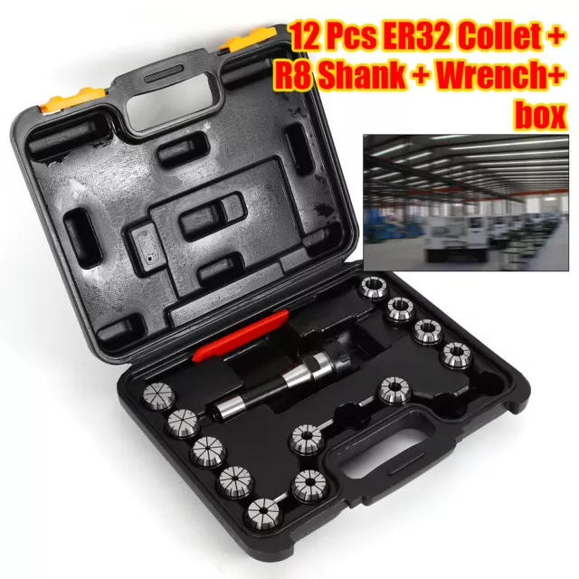 R8 ER32 Shank Chuck Holder w/ 12x Spring Collet 3/32-3/4" CNC Milling Lathe Kit