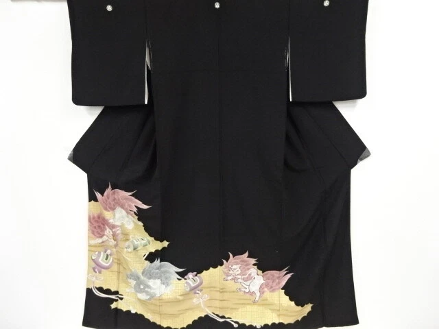 37253# Japanese Kimono / Antique Tomesode / Embroidery / Lion & Treasures