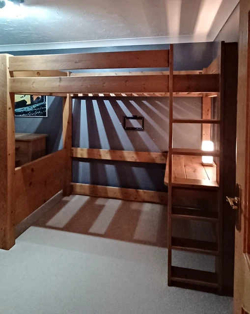 SMALL DOUBLE (4FT Wide) Solid Pine Loft Bed With Desk beneath £285.00
