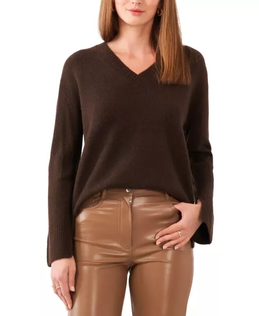 Vince Camuto CHOCOLATE Women's V-Neck Ribbed-Edge Sweater, US Small