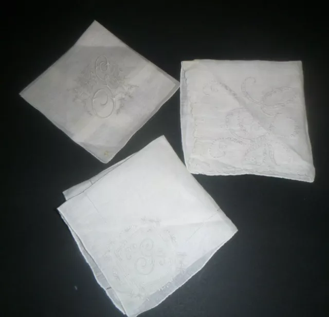 Vintage Set 3 White Madeira Embroidered Monogram “ G ”  Wedding Handkerchiefs