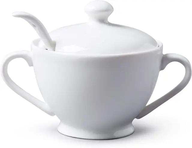 Porcelain Sugar Bowl Pot with Lid & Spoon, Traditional Design Sugar Bowl, White