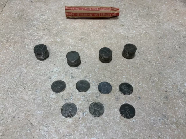 1943 STEEL LINCOLN WHEAT CENT PENNY Partial Roll of 47 coins—- Circulated