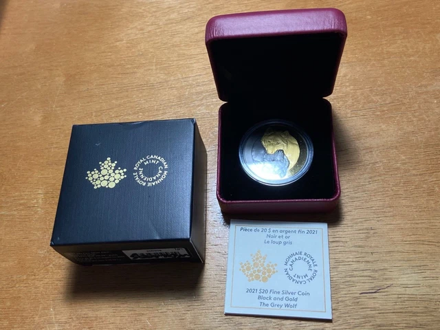 2021 Canada $20 Black & Gold Grey Wolf 1 oz Silver Coin RHODIUM MATTE PROOF
