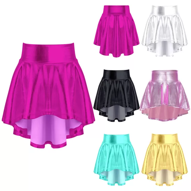 Girls Shiny Metallic Rave Dance Skirt Asymmetric Athletic Skater Skort Skirts