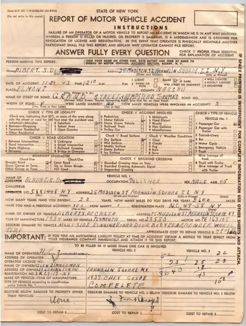 New York State Report of Motor Vehicle Accident Form 1943