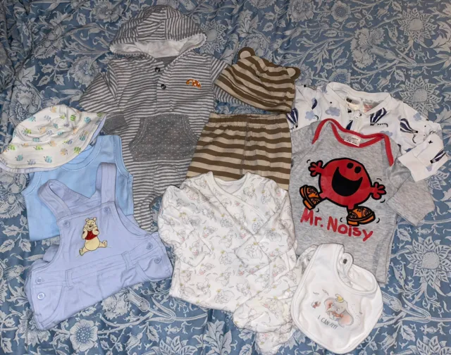 Baby Boys 0-3 2-4 Month Clothing Bundle 11 Items Disney Pooh Dumbo Mr Noisy H&M