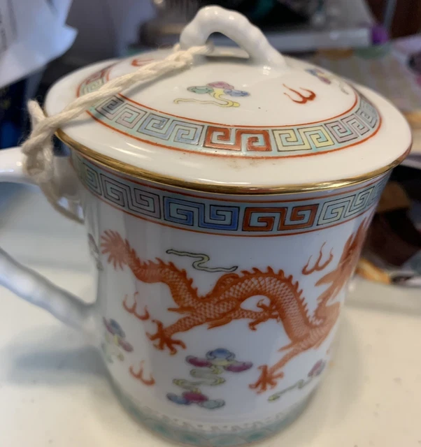 Chinese Red Dragon And Hand Painted Tea Coffee Cup With Lid