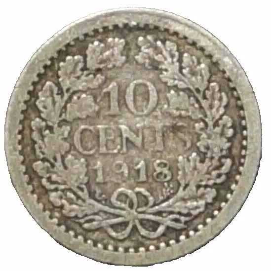 Queen Wilhelmina - Silver 10 cents 1918 NETHERLANDS (686F)