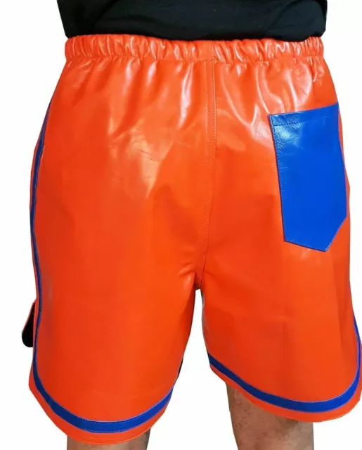 Leather Short Pants Men's Laces Waist Side Pant Shorts Jean Real Genuine Orange 3