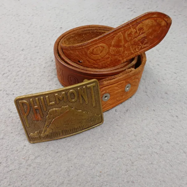 PHILMONT Boy Scout Ranch Belt Buckle Tooled Leather Brass Sz 32 Cimmaron NM VNT