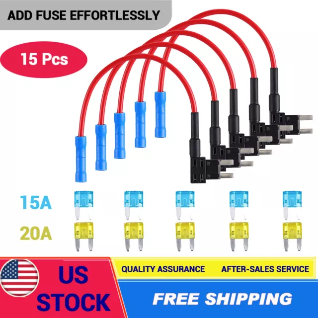 15 pcs Car Add-a-circuit Fuse TAP Adapter Set, Mini ATM APM 15 20 AMP Blue＆Red