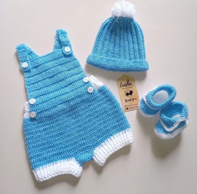 Hand Made Crochet knit Soft Wool 3-6 Month Cute Baby Boy Jump Suit Costume Set