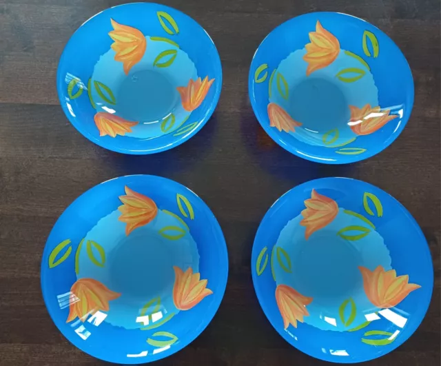 Arcoroc France Matys Blue Glass Tulips Bowls Set Of 4 Hand Painted  6.5" (16cm)