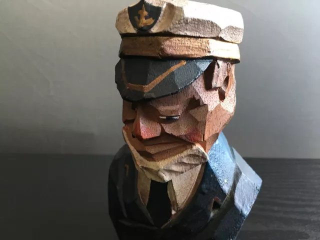 Vintage late 1970's Wooden Cape Cod Sea Captain Bust, Hand-carved,  5.5"