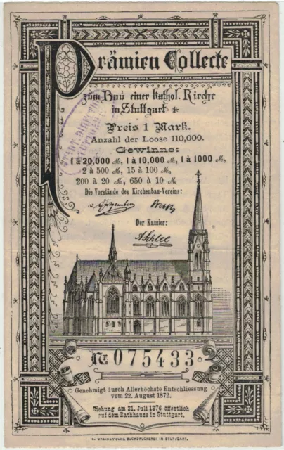 Lotterie Los - Bau Katholische Kirche Stuttgart - 1876