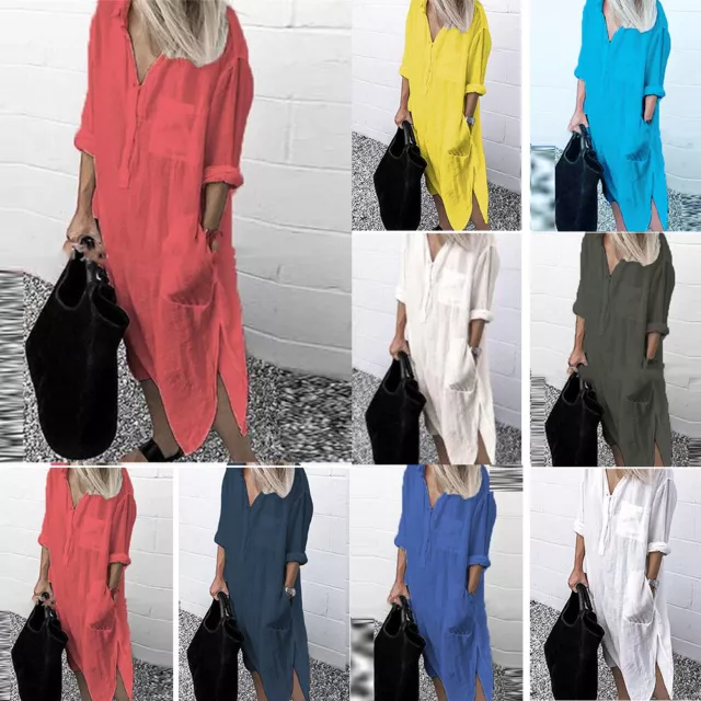 Plus Size Womens Cotton Linen Shirt Dress Maxi Kaftan Casual Baggy Long Tops New