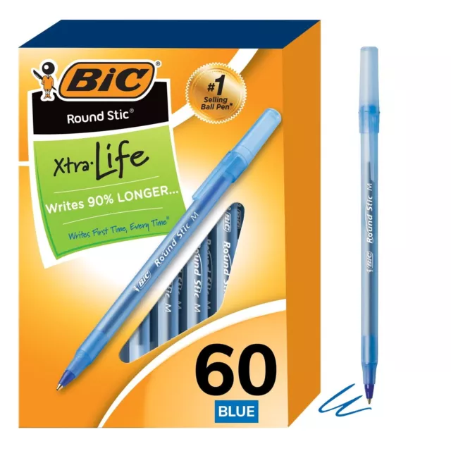 BIC Round Stic Xtra Life Ballpoint Blue Ink 1mm Medium 60/Box GSM609