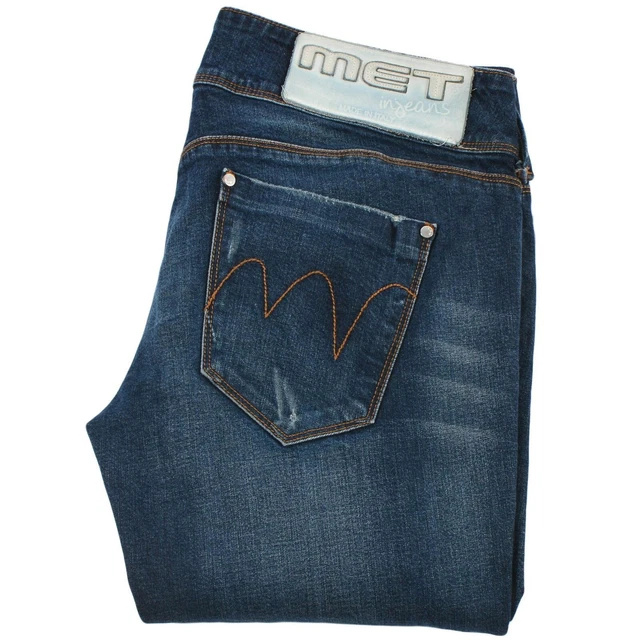 Met Women's Jeans Denim Straight Casual Dark Blue Cotton Pocket Button Zip Sz 31