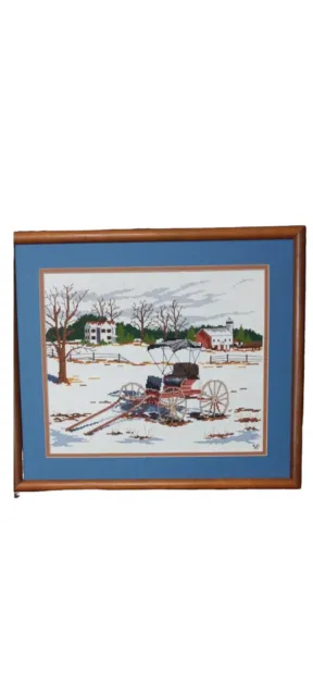 "Vagón Amish Vintage Bordado Puntado Cruz Completo Enmarcado Amish País de Nieve 19""x 17"