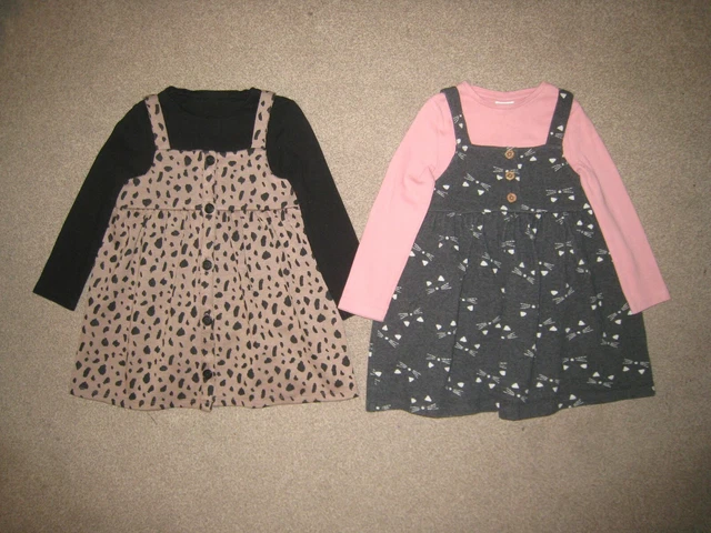 F&F GIRLS 2 x TOP & PINAFORE DRESS OUTFIT SET BUNDLE LOT - 3-4 YEARS - FREE P&P