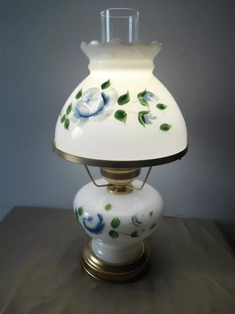 Vitg UL Hand Painted Milk Glass Blue Rose GWTW Electric Parlor/Table Lamp 16.5"