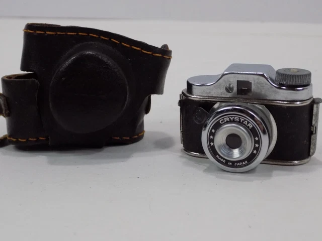 Vintage CRYSTAR Miniature Mini Spy Film Camera In Brown Leather Case