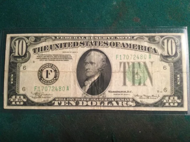 Atlanta $10 Hamilton Series 1934 A Mule Ten  Dollars Federal Reserve Note