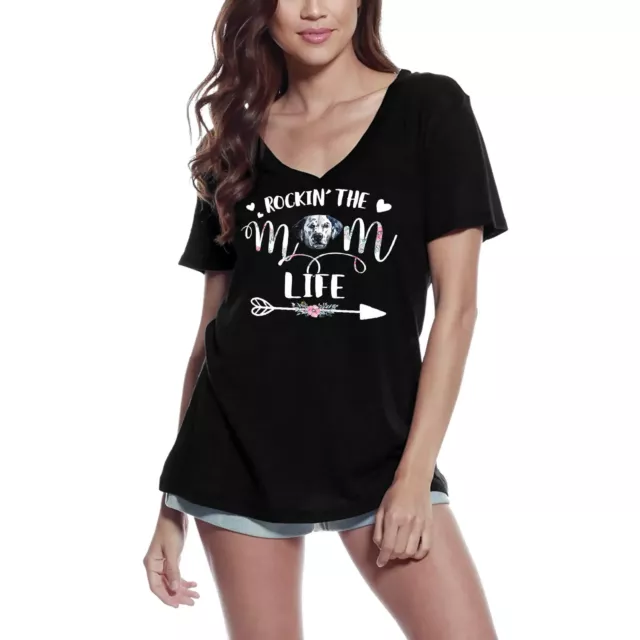 Camiseta de Cuello V para Mujer Rockin 'The Mom Life - Lindo Perro Dálmata Pata