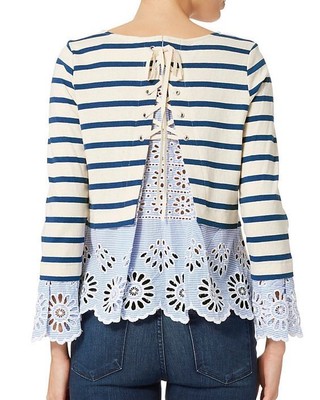 Sea New York Eyelet Cuff Blue/beige Stripe top, lace back, eyelet Top Lg Ret$360