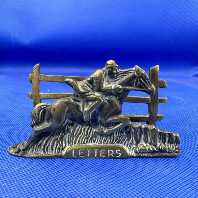 Letter Card Rack Brass Racing Horse Jockey Rare Authentic Vintage Desk Tidy