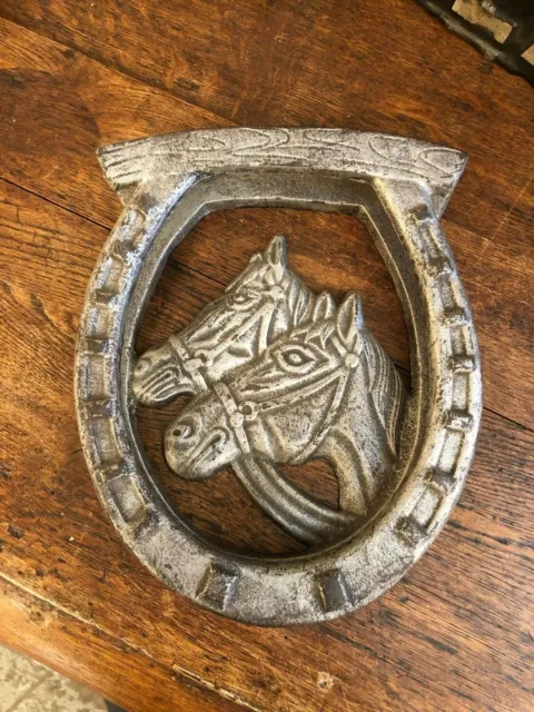 Vintage Cast Iron Mid Century Horseshoe Equestrian Door Knocker Cowboy Horses