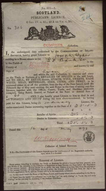 1896 DUMFRIES- £25- Publicans Licence to Joseph Wyper of The SWAN, 28 Bank St