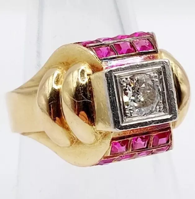 Bague tank art deco or 18k diamant 0,35 carats taille ancienne et rubis calibrés