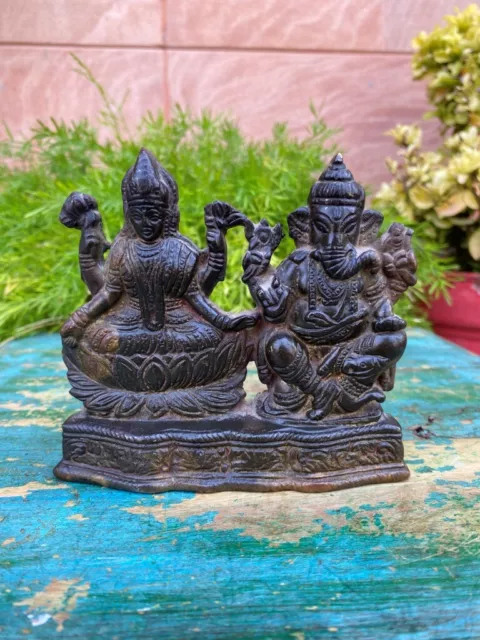 Antique Brass Laxmi Ganesha Statue Old Rare Hindu God Sculpture Diwali Figurine