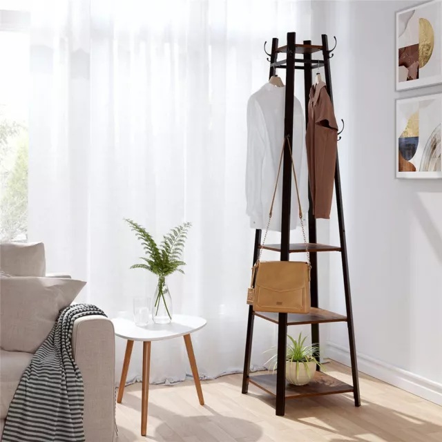 Retro Brown Bedroom Hall Tree Coat Rack Entryway Clothes Hanger Stand 4 Shelves