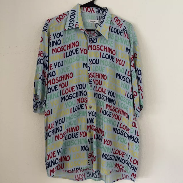 Love Moschino Shirt Button Up All Over Logo Peace Sign Collared Mens XL