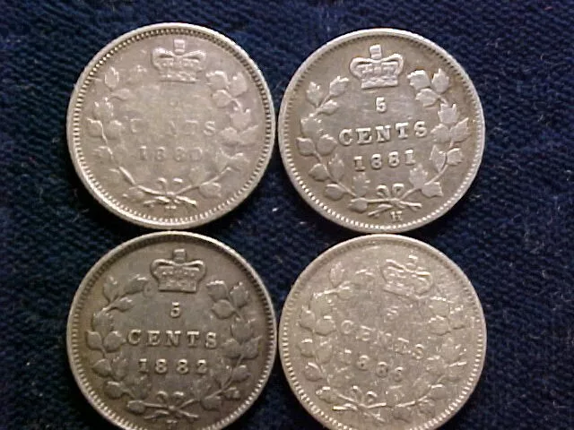 4 different Victorian 5 cent pieces of Canada; Cleaned