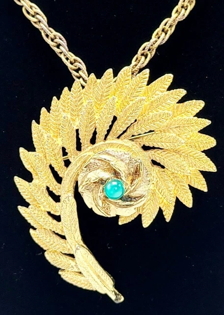 Vintage Feather Brooch Necklace Green Gem US PAT 3509734