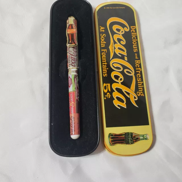 Vintage 1995 Pentech Advertising Coca Cola Roller Ball Pen And Metal Tin