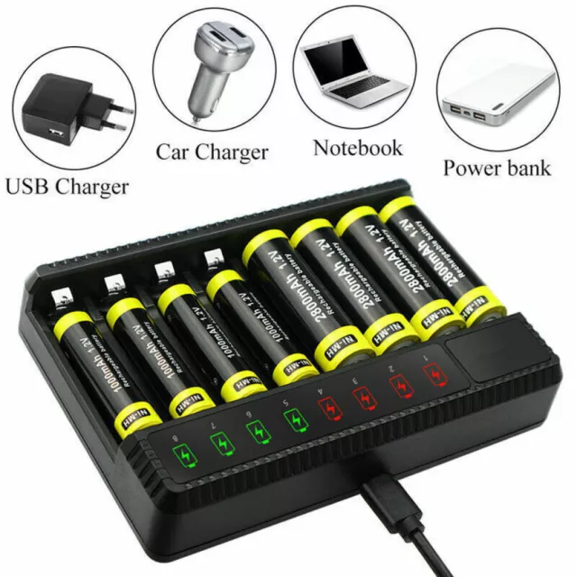 8 Slot Smart Battery Charger for AA/AAA Rechargeable Batteries LCD Display