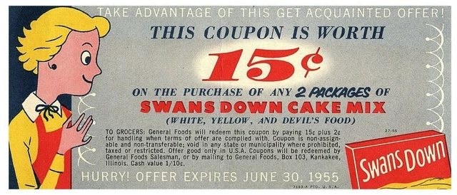 1955 Swans Down Cake Mix 2 Package Store Vtg Coupon Grocery 15 Cents Off Expired
