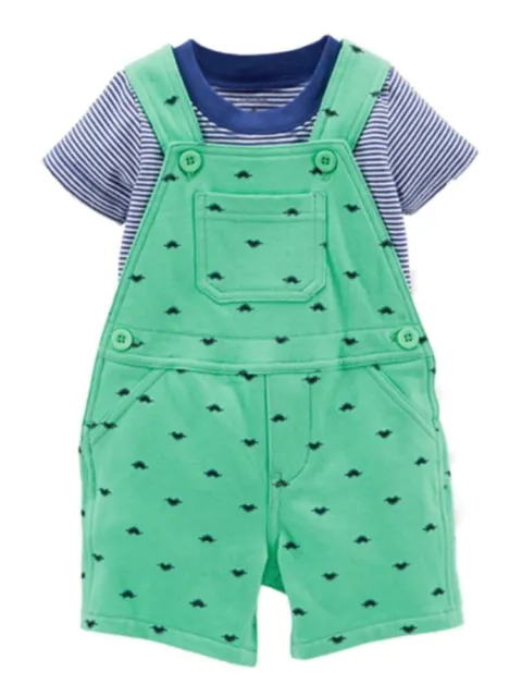 Carters Infant Boys 2 Piece Striped T-Shirt Green Shortall Dinosaur Overall
