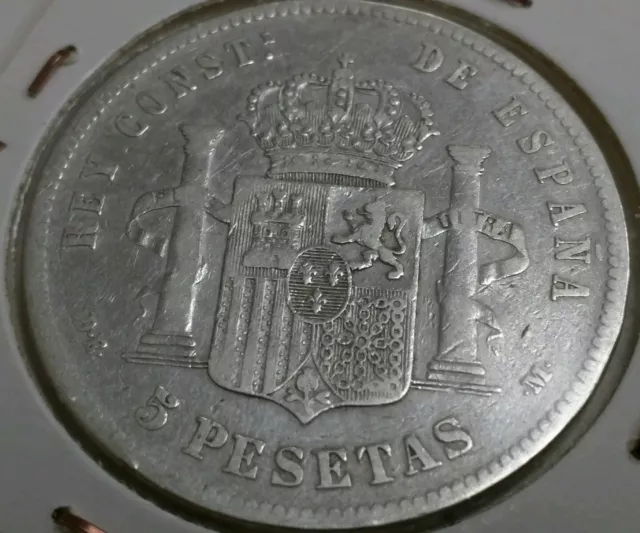 Spain 5 Pesetas, 1878 Alfonso XII silver crown, like 8 Reales die crack