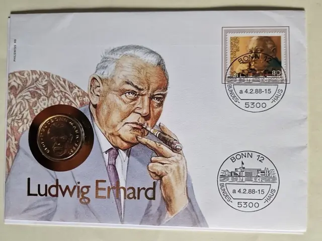 1988 Ludwig Erhard 2 DM Erstagsmuenze und Briefmarke/HK1051